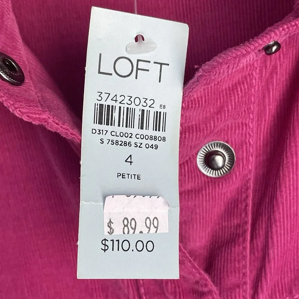 NEW LOFT Most Popular Pink Corduroy Midi Dress Petites 4P Shirtdress Pocket Snap